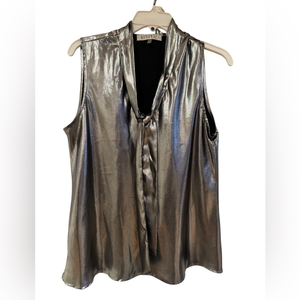 Kasper Shiny Metallic Silver Sleeveless Blouse Tank Top